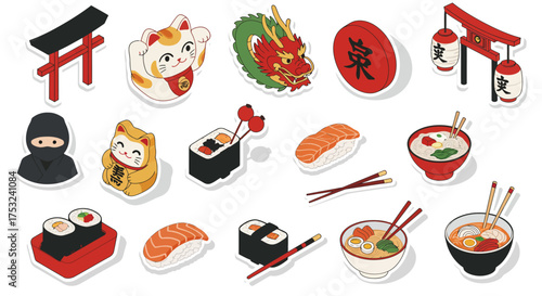 Charming japanese culture icons: sushi, ramen, lucky cat, dragon, and more in…