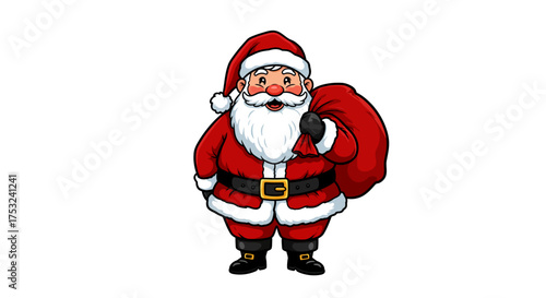 Jolly santa claus carrying sack in festive cartoon style