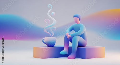 A contemplative 3d character sits beside a steaming cup, set against a gradient background in a soft and dreamy atmosphere