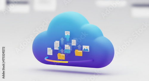 Cloud storage concept with files and folders uploading to cloud server with progress bar, 3d rendering illustration