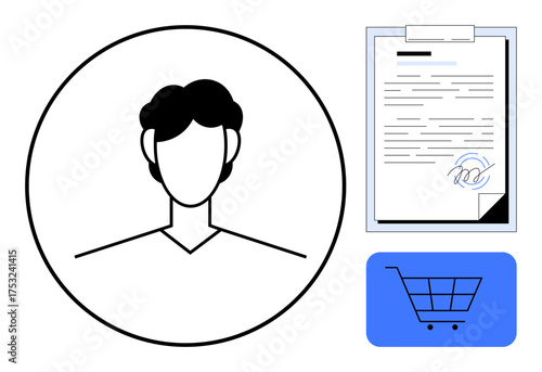 Profile avatar inside a circle, signed document with handshake graphic, blue shopping cart icon. Ideal for e-commerce, digital identity, legal services, contracts, online transactions, consumer