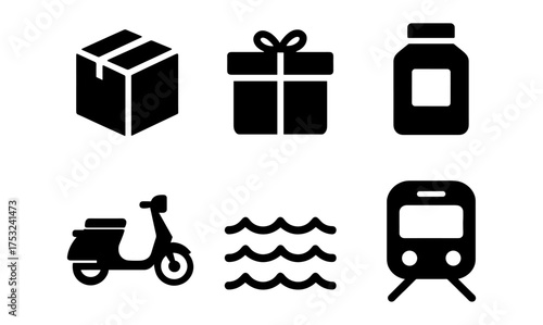 Collection of simple vector icons: box, gift, jar, scooter, waves, train for design projects