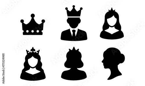 Elegant royal icon set featuring silhouettes of crowns and figures for design projects