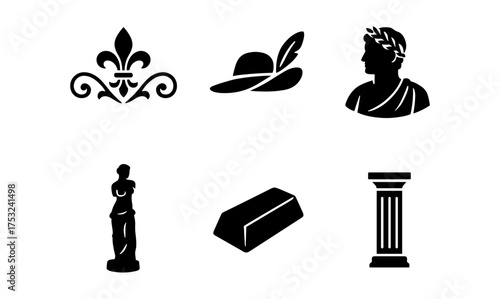 Elegant historical figurines and classical symbols for design and decor