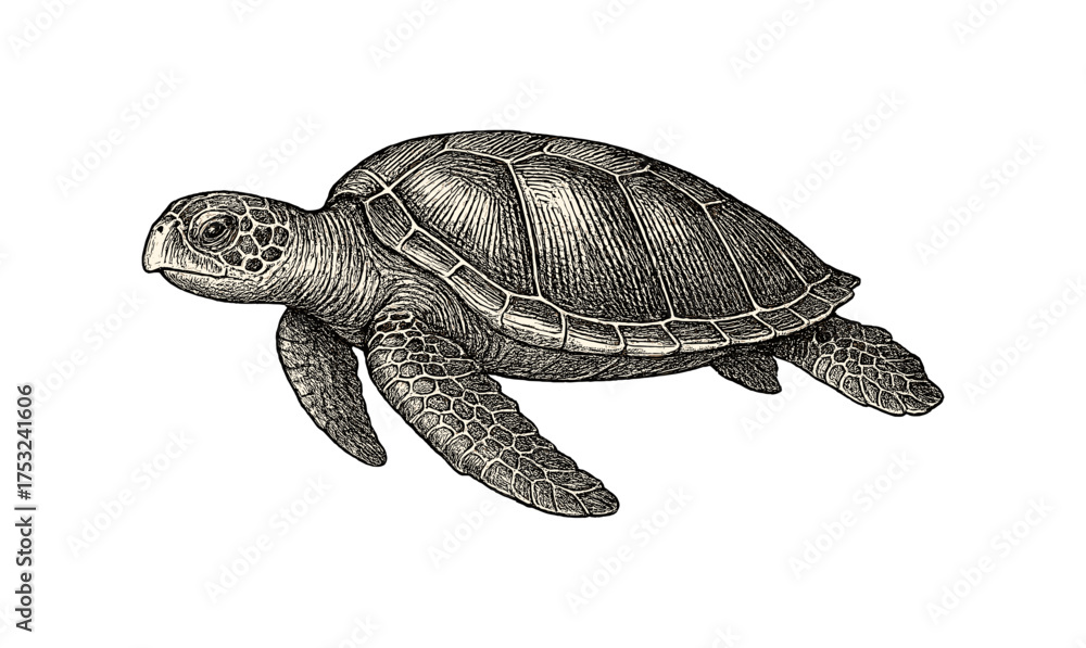 Fototapeta premium Intricate hand-drawn sea turtle illustration in black and white