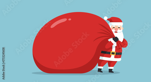 Santa carrying giant red sack on blue background in flat style