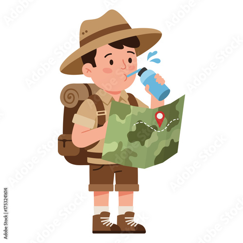 Adventurous young explorer navigating with a map and staying hydrated.