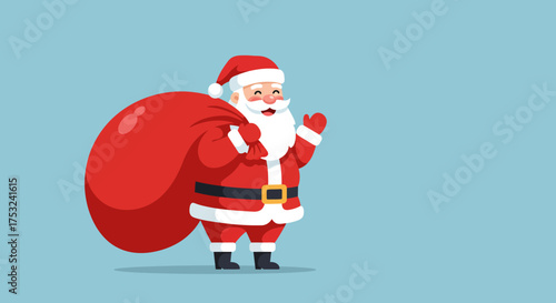 Cheerful santa claus carrying a big red sack in flat cartoon style