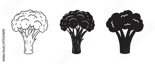 Hand drawn broccoli vegetable silhouette set