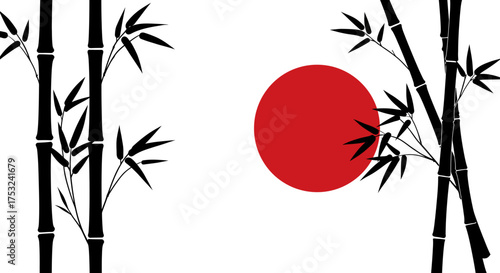 Bamboo and rising sun silhouette with japanese aesthetic
