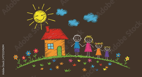 Colorful chalk drawing of happy family and house on hill with sun and flowers