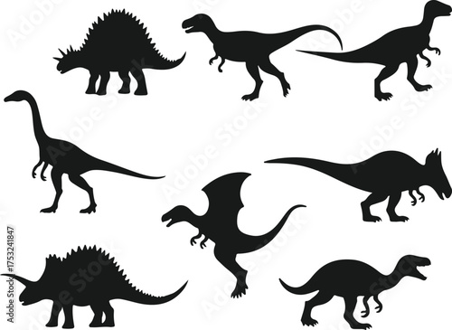 Collection of silhouetted prehistoric dinosaurs on white background