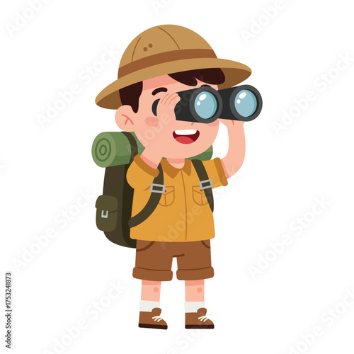 Cartoon boy explorer looking through binoculars on an adventure.