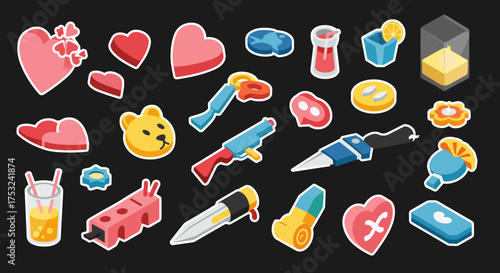 Colorful cartoon stickers: hearts, gadgets, and more on black background