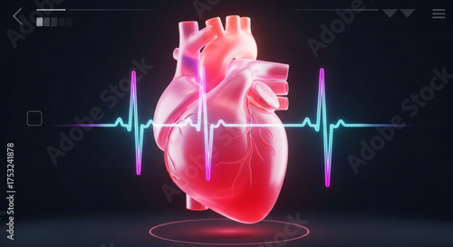 Realistic heart model with heartbeat line, illustrating cardiac health and medical technology in a modern digital environment
