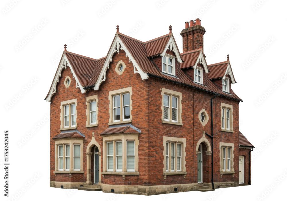 Fototapeta premium Isolated red brick residential house exterior with gabled roof and dormer windows, England