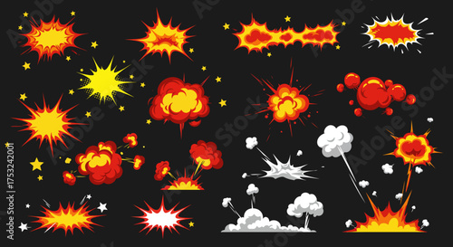 Explosive comic boom icons on dark background in vibrant cartoon style