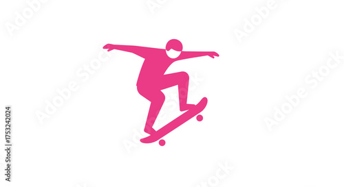 Minimalist pink skateboarder silhouette performing trick on skateboard