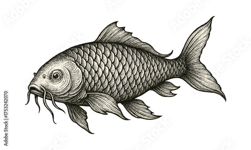 Detailed black and white ink drawing of a carp fish with intricate scales