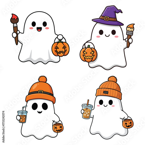 Cute Halloween ghosts with pumpkins and hats enjoying drinks and art.