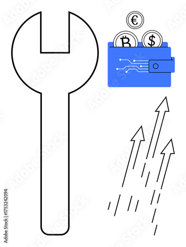 Large wrench alongside a digital wallet with cryptocurrency coins Bitcoin, Dollar, Euro and growth arrows. Ideal for crypto, finance, technology, economy, development, innovation engineering simple