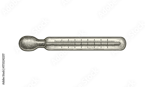 Antique mercury thermometer with detailed hatch style on white background