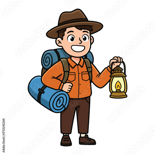Happy cartoon camper boy with backpack and lantern illustration.
