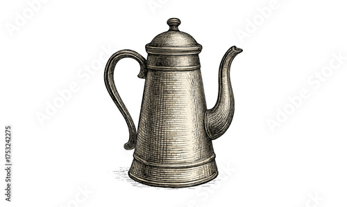 Vintage engraved coffee pot with detailed etching on white background