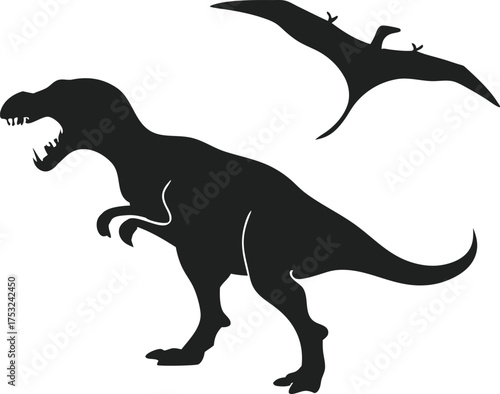 Silhouette of a tyrannosaurus rex and a pterodactyl flying