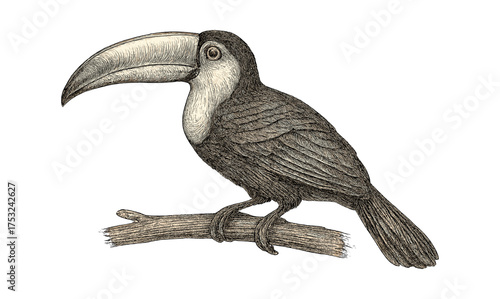 Detailed ink drawing of toucan on branch