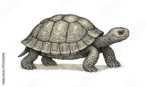 Intricate pen drawing of a tortoise in detailed vintage style