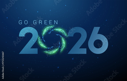 Happy New Year greeting card 2026 number with green leaves forming circle instead of zero. Eco-friendly, green future, ecological balance, clean planet concept.