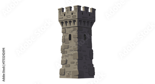 Medieval stone watchtower with battlements, isometric perspective