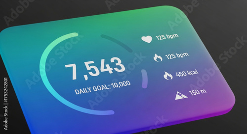 A fitness tracker displaying daily goal, heart rate, and calories burned on a colorful screen concept of health and wellness