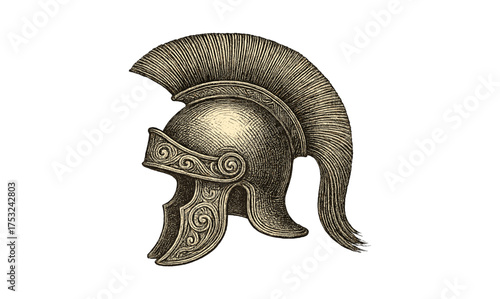 Ancient greek warrior helmet with detailed engravings on white background