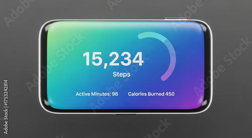 A fitness tracker displaying steps, active minutes, and calories burned on a colorful screen concept of health and wellness
