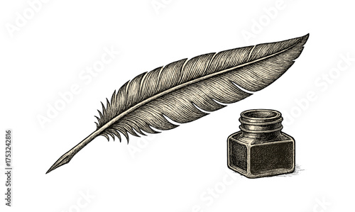 Vintage quill and ink bottle in detailed hand-drawn style