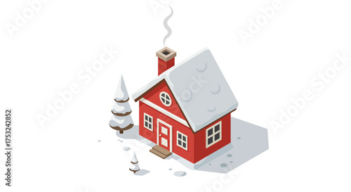 Cozy winter cabin with snow, chimney smoke, and pine trees in isometric style