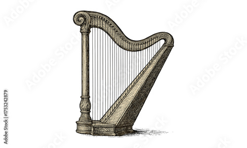 Elegant vintage harp design in detailed etching style on white background