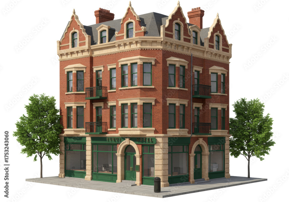 Fototapeta premium Isolated Three-Story Brick Hotel Building with Architectural Details, Balconies, and Landscaping