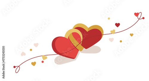 Romantic hearts with gold accents and decorative line on white background