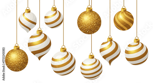 Elegant gold and white christmas ornaments hanging on strings
