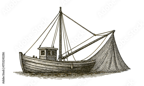 Vintage nautical fishing boat with net in detailed engraving style