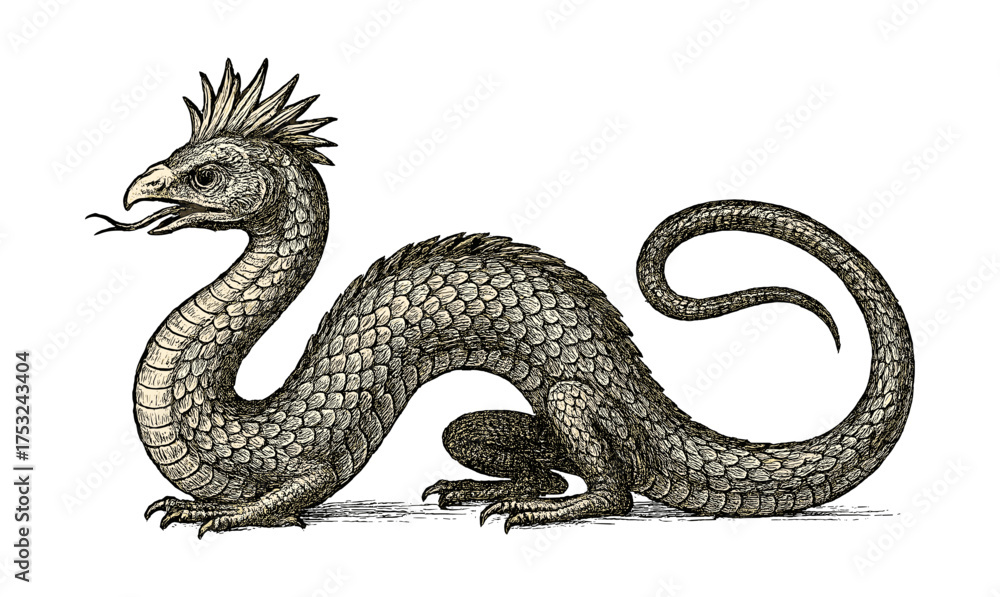 Fototapeta premium Intricate medieval dragon with textured scales on white background