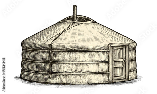 Traditional nomadic yurt in vintage sketch style with detailed architectural features