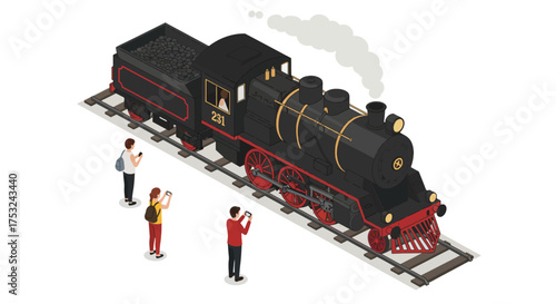 Isometric steam locomotive with tourists taking photos on train tracks