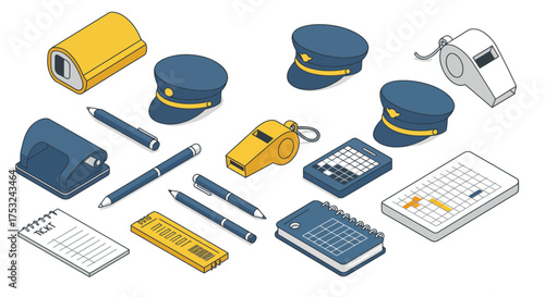 Isometric office and travel items collection: whistles, caps, notebooks