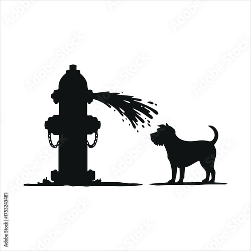 Dog standing next to a fire hydrant with water spraying out on a