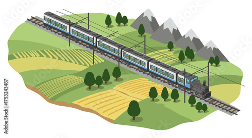 Modern train journey through scenic mountain landscape in isometric style
