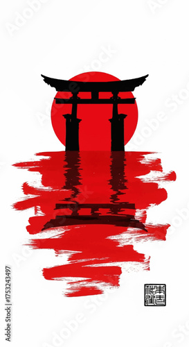 Japanese Torii gate, red sun, and artistic reflections. An elegant ink wash painting style depiction for cultural graphic design